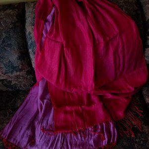 Artisan medium & bright pink, reversible, cashmere wool, scarf, hand woven Tibet